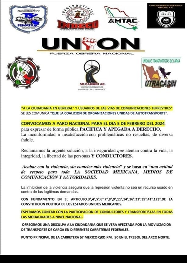 Transportistas en carreteras de Veracruz se unirán a paro nacional este 5 de febrero