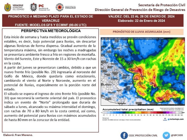 Estos son los frentes fríos que entrarán a Veracruz entre el 23 y 28 de enero