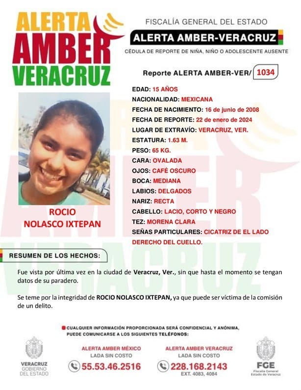 Activan la Alerta Amber por desaparición de Rocío de 15 años en la ciudad de Veracruz