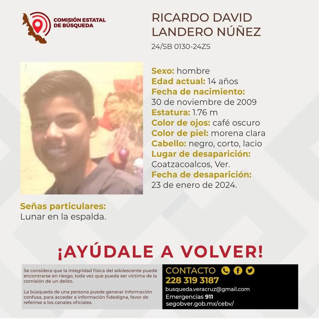 Ricardo David Landero de 14 años, desaparecido en Coatzacoalcos