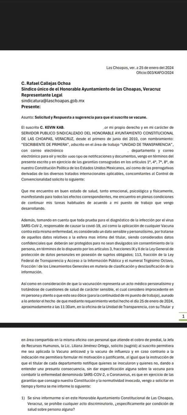 Empleado del Ayuntamiento de Las Choapas denuncia que lo obligan a vacunarse contra el covid