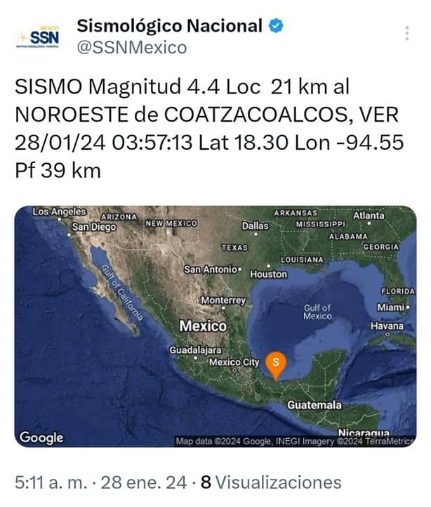 Sismo frente a las costas de Coatzacoalcos; se registró durante la madrugada