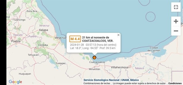 Sismo frente a las costas de Coatzacoalcos; se registró durante la madrugada