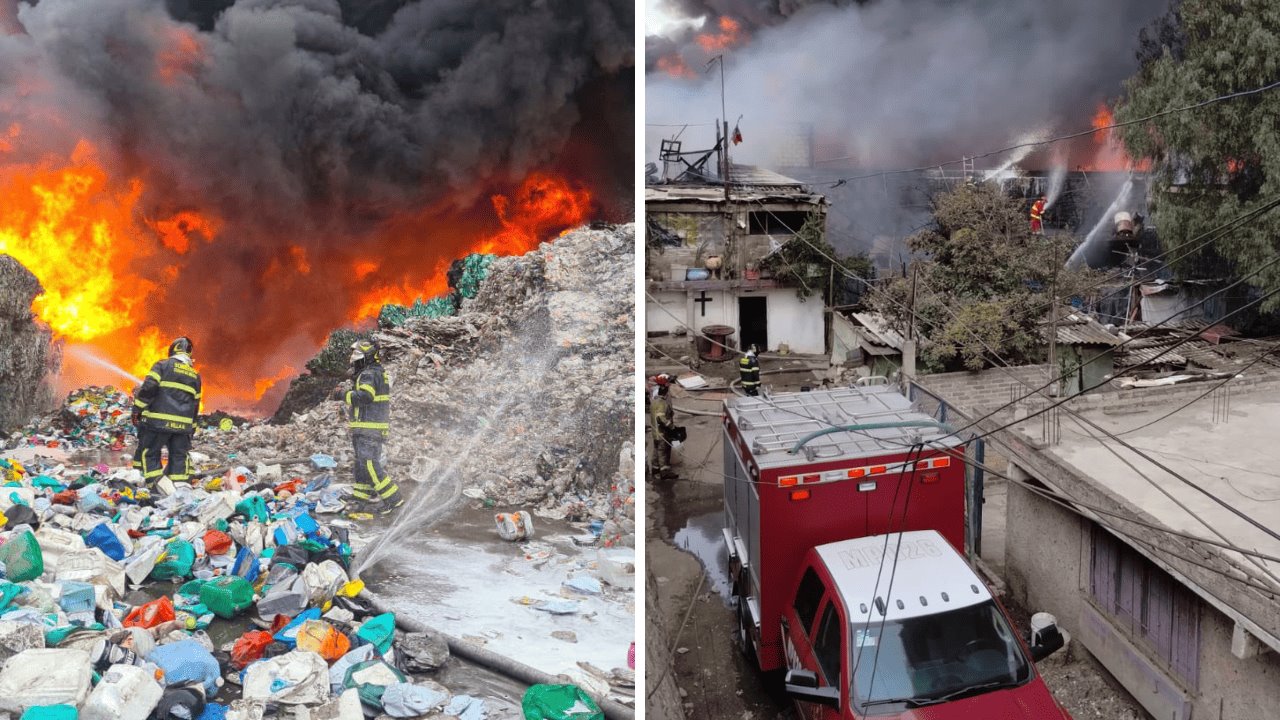 Terrible incendio en planta recicladora sobre Carretera México-Puebla