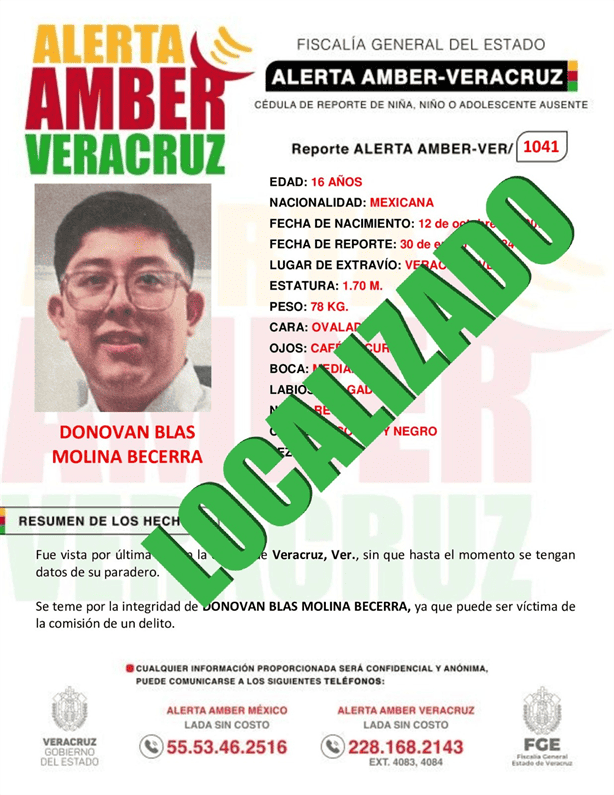 Localizan adolescente Donovan Blas Molina Becerra, de 16 años