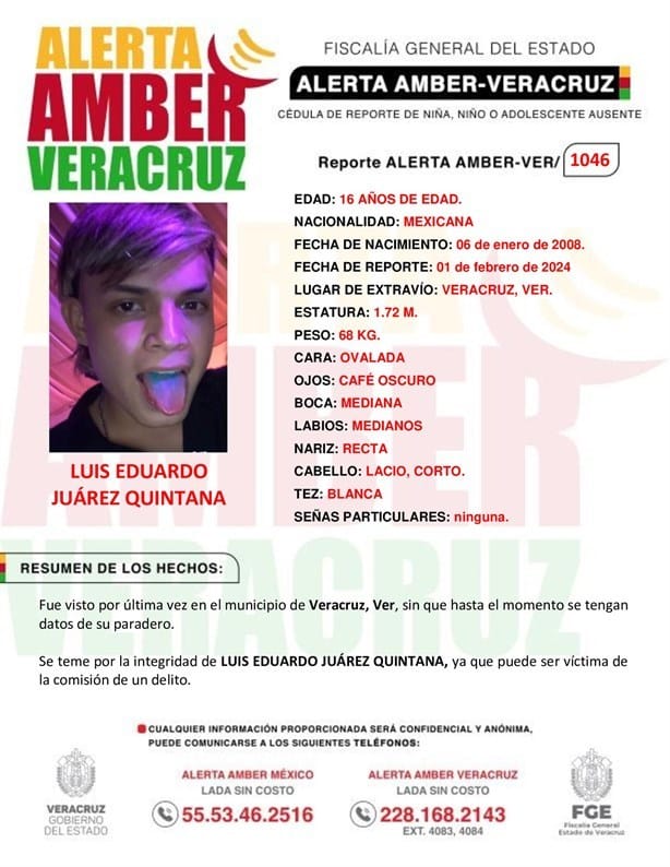 Emiten Alerta Amber por desaparición de Luis Eduardo de 16 años en la ciudad de Veracruz