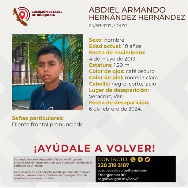 Buscan a Abdiel Armando de 10 años, desapareció en la ciudad de Veracruz
