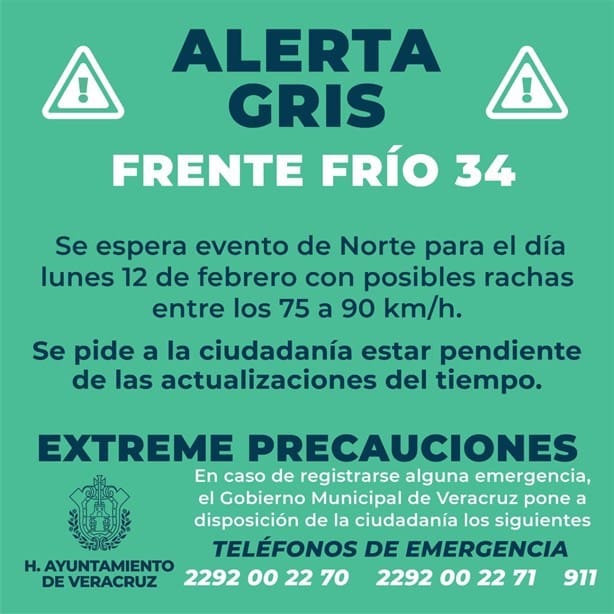 Emiten Alerta Gris por frente frío 34 en Veracruz; habrá evento de norte