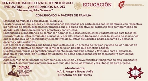 Dan respuesta a padres de familia inconformes por nuevo horario del CBTIS-213