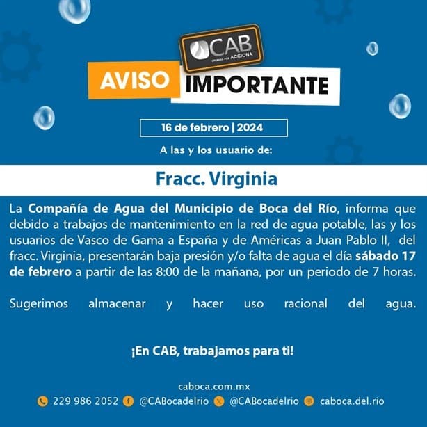 Este fraccionamiento en Boca del Río no tendrá agua potable este 17 de febrero