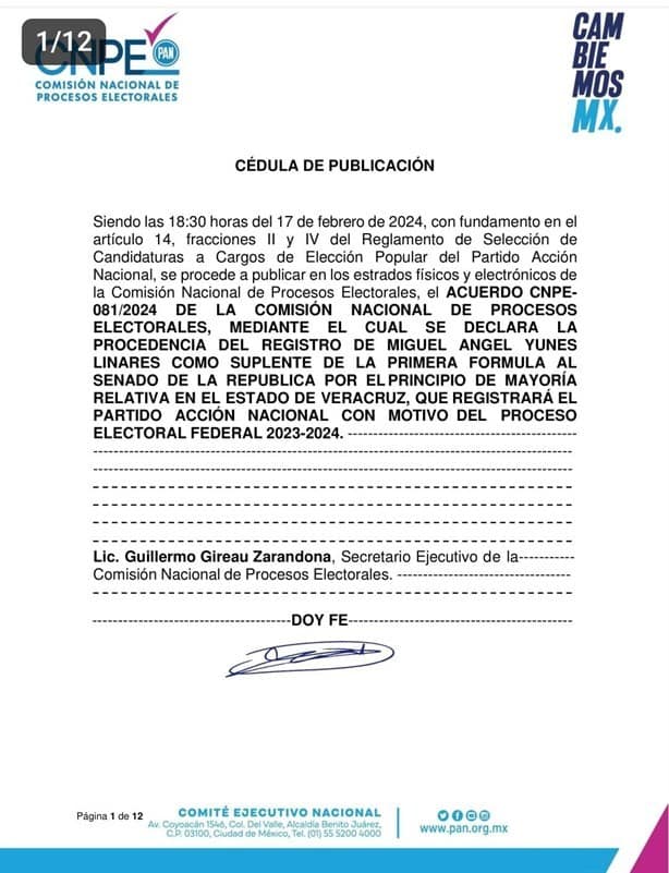 Miguel Ángel Yunes Linares va por la senaduría; será suplente de su hijo