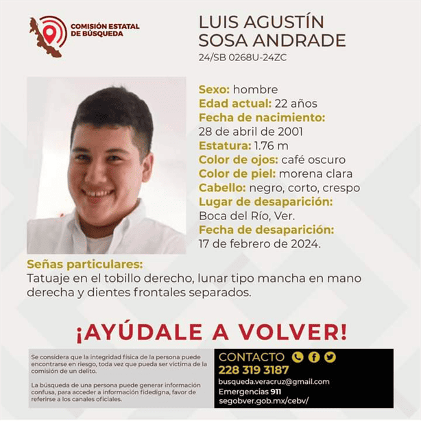 Buscan al joven Luís Agustín Sosa Andrade extraviado en Las Vegas, Veracruz