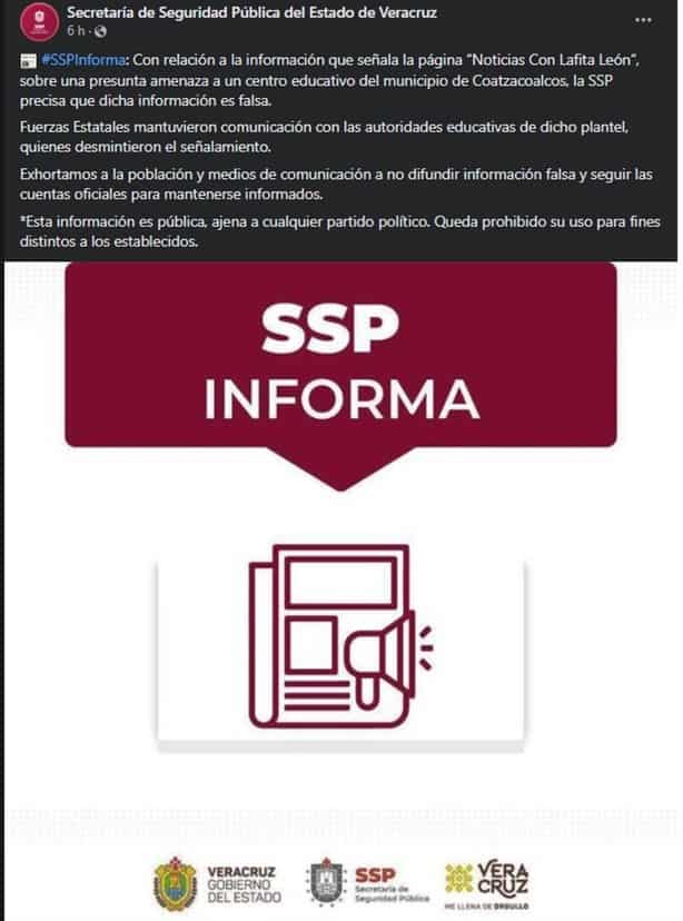 Desmiente SSP la amenaza de atentando en el Cetis 79 de Coatzacoalcos