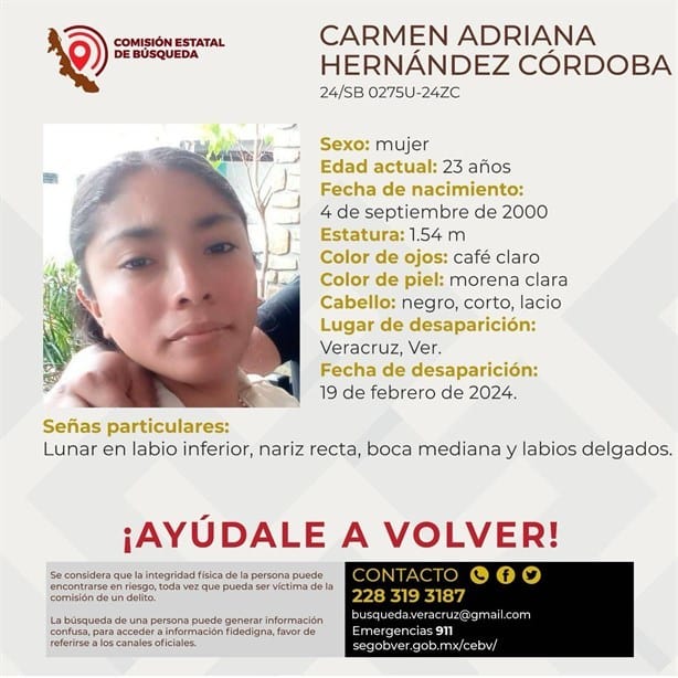 Buscan a Carmen Adriana, desapareció en la ciudad de Veracruz