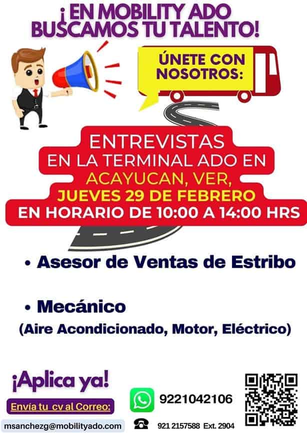 Mobility ADO ofrece vacantes en Coatzacoalcos, Minatitlán y Acayucan, aquí los requisitos y fechas de reclutamiento 