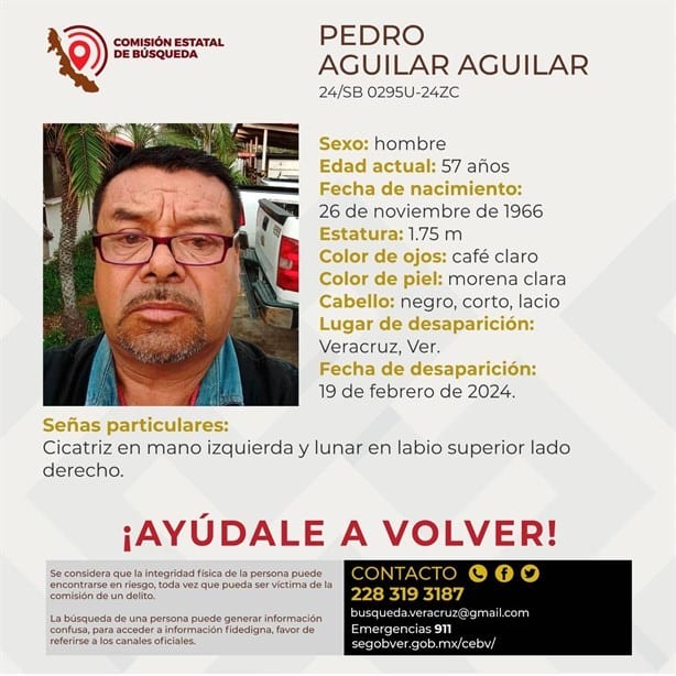 Buscan a Pedro Aguilar desaparecido en la ciudad de Veracruz