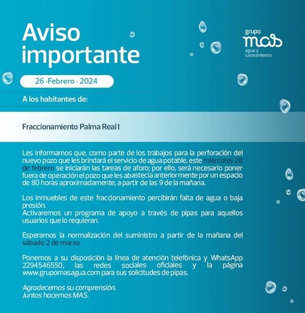 Este fraccionamiento de Veracruz no tendrá agua potable durante 3 días, informa Grupo MAS