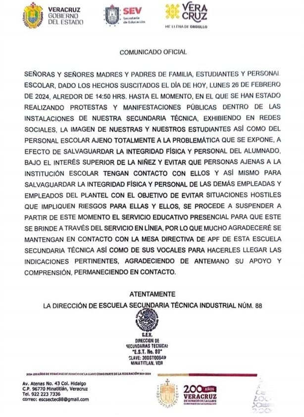 Suspenden clases en secundaria de Minatitlán tras presunto abuso contra alumna