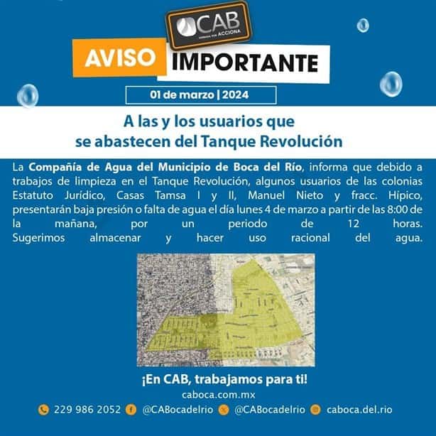 Estas colonias en Boca del Río no tendrán agua potable este lunes 4 de marzo