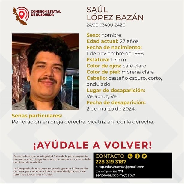 Desaparece el joven Saúl López Bazán en la ciudad de Veracruz