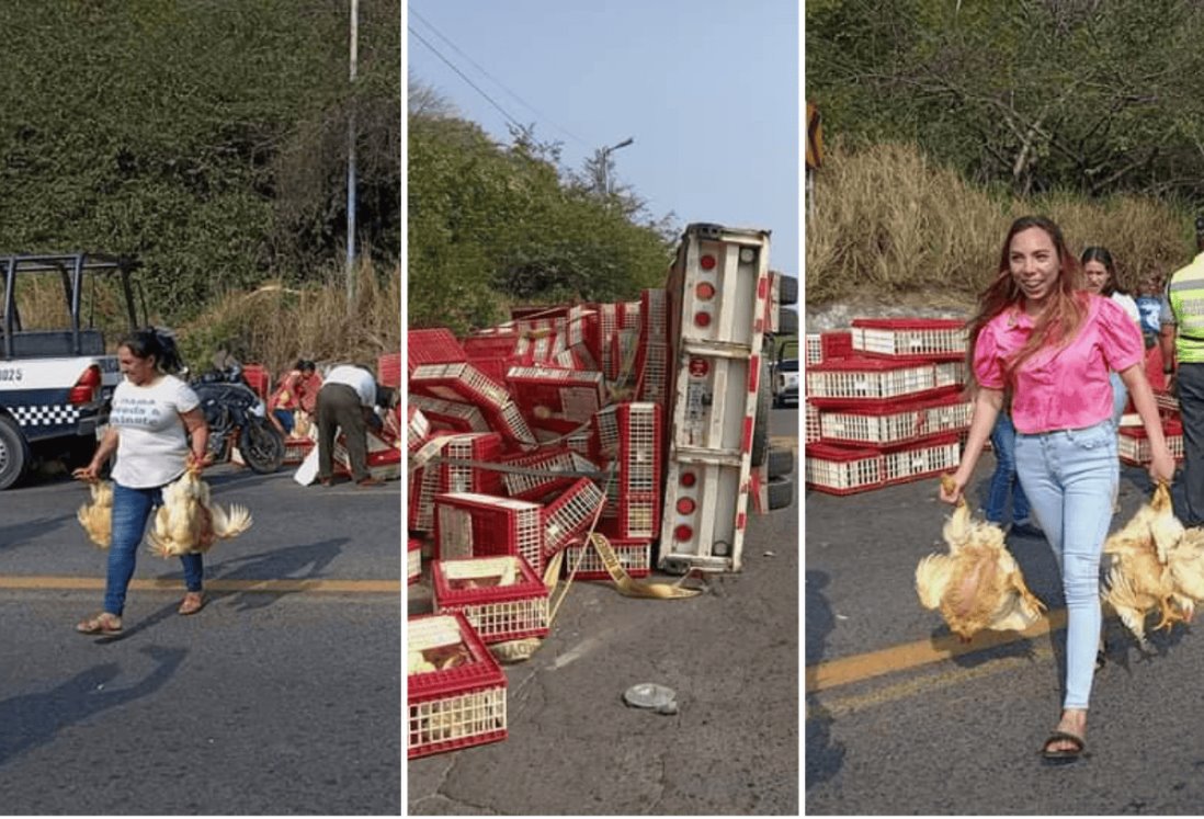 Volcadura de camión con pollos engorda causa movilización y solidaridad en carretera de Alvarado