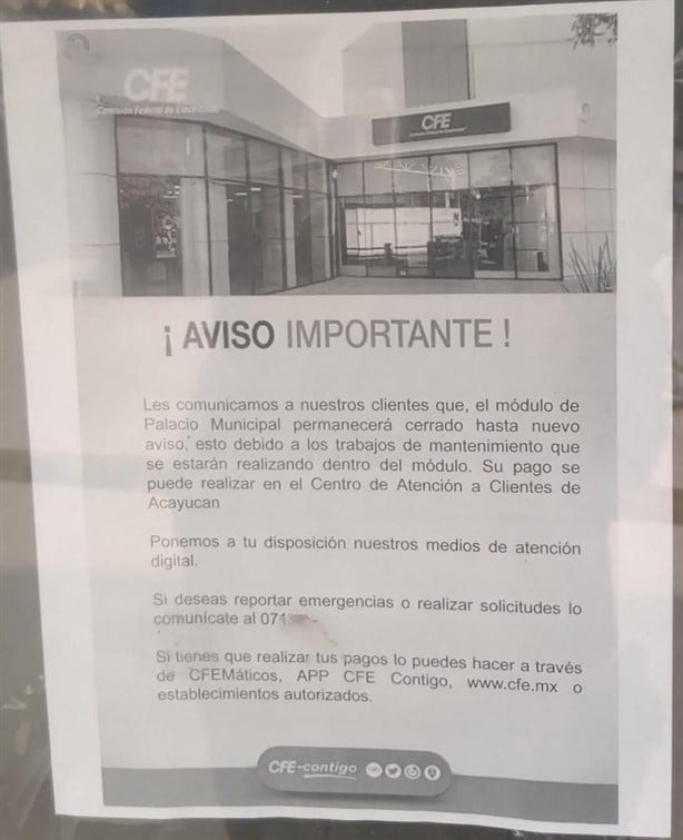 Suspenden módulo de cobro de la CFE en Acayucan ¿cómo pago mi recibo?