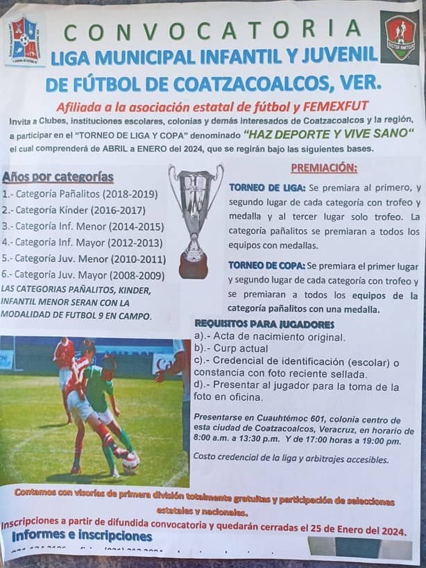 Lanzan convocatoria para liga municipal infantil y juvenil de fútbol en Coatzacoalcos