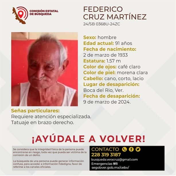 Desaparece Federico Cruz Martínez, abuelito de 91 años en Boca del Río