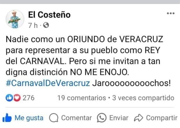 El comediante El Costeño levanta la mano para ser Rey del Carnaval de Veracruz