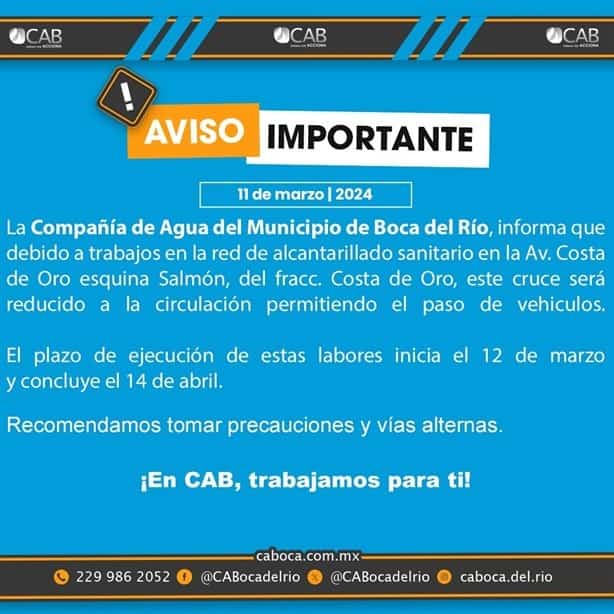 Anuncian reducción de carriles en esta avenida en Boca del Río durante un mes