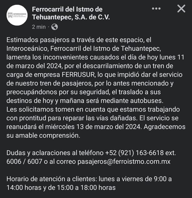 Tren de pasajeros retomará el servicio en esta fecha tras descarrilamiento de FERROSUR