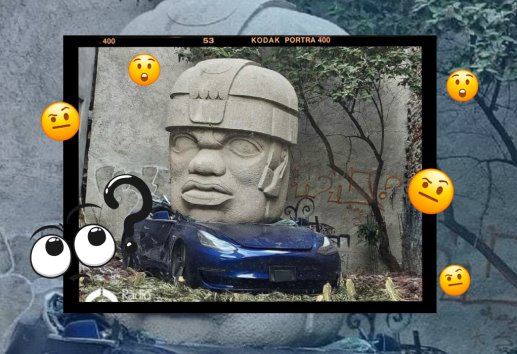 Cabeza Olmeca aplasta vehículo Tesla: La verdad detrás de las fotos