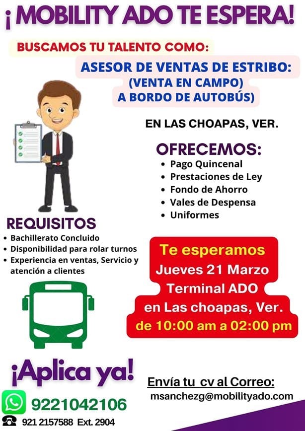 Mobility ADO Las Choapas abre vacante, aquí los REQUISITOS