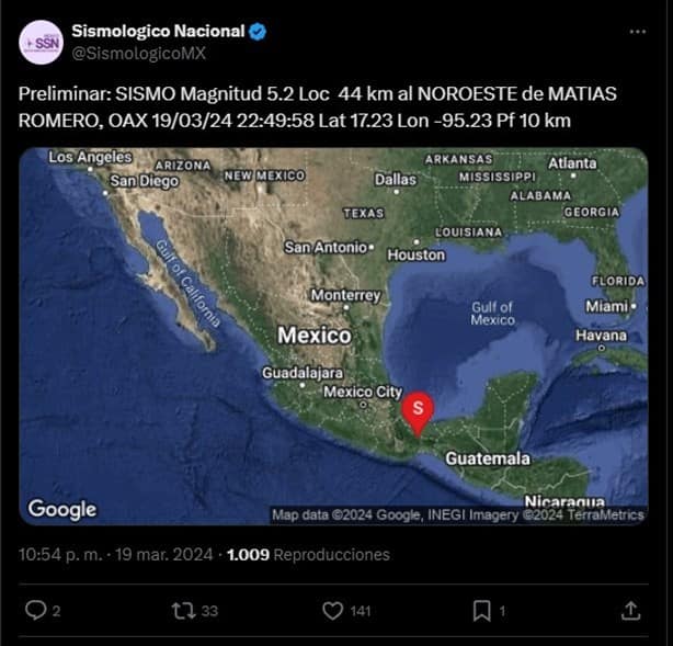 Sismo en Matías Romero alcanza los 5.0 grados