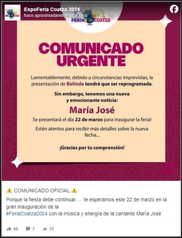 ¿Qué le pasó a Belinda? Ya no estará en la Expo Feria Coatzacoalcos 2024