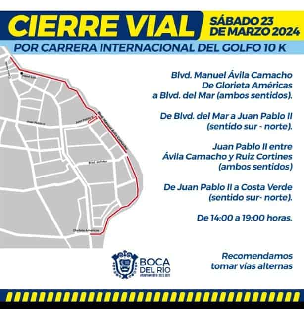 Estos son los cierres viales en Boca del Río este sábado por carreras deportivas