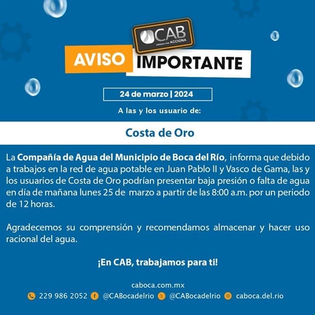 Este fraccionamiento en Boca del Río no tendrá agua potable por 12 horas este lunes