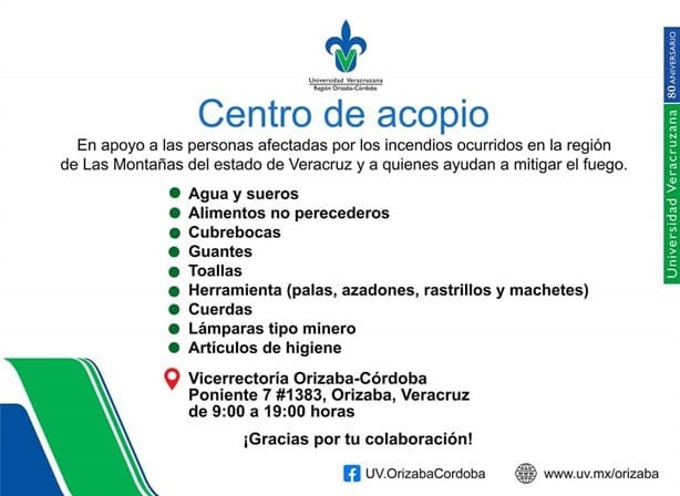 Abre UV centro de acopio para apoyo ante incendios en Altas Montañas