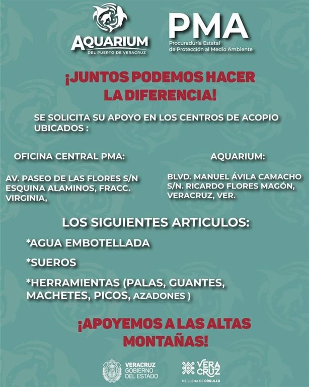 ¿Qué artículos donar en los centros de acopio de Acuario de Veracruz y PMA por incendios?