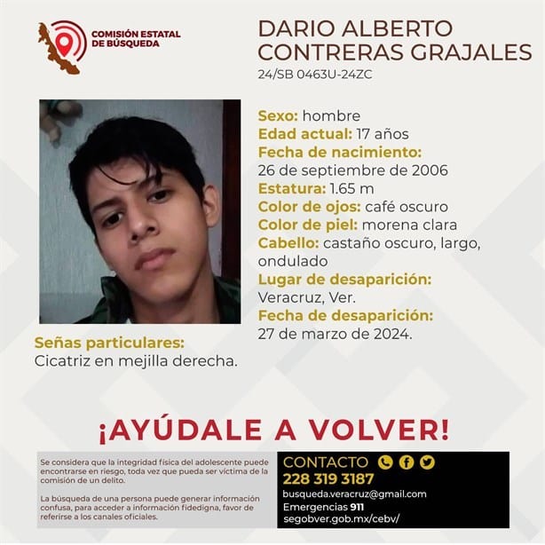 Desaparece Darío Alberto Contreras, adolescente de 17 años en Veracruz