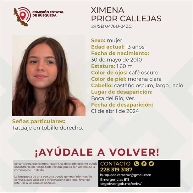 Desaparece la niña Ximena Prior Callejas en Boca del Río