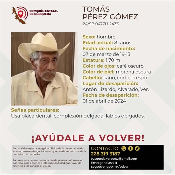 Desaparece Tomás Pérez Gómez de 81 años en Antón Lizardo, Alvarado