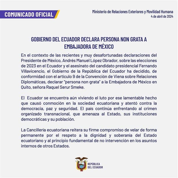 México vs Ecuador; declaran a embajadora mexicana persona non grata