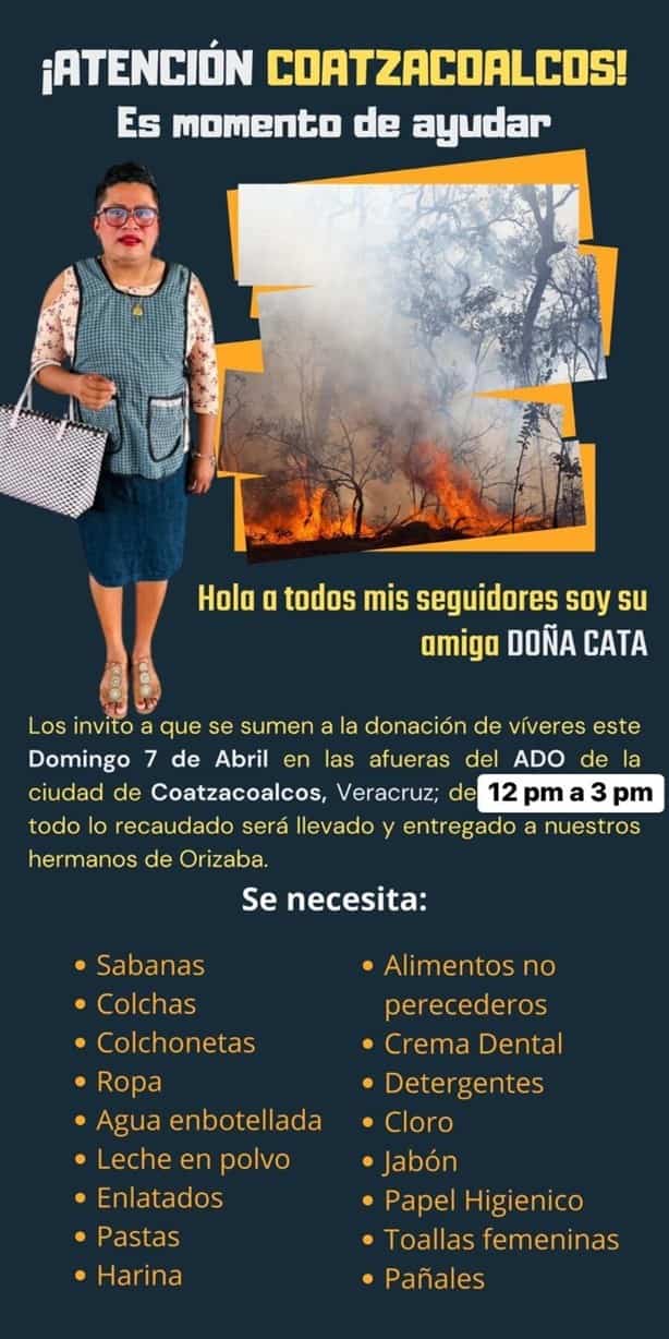 “Doña Cata”, estará en Coatzacoalcos recolectando víveres para familias afectadas por incendios en Orizaba