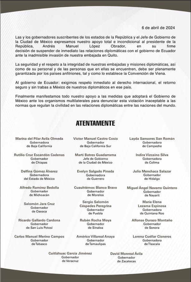 Conflicto diplomático con Ecuador: Gobernadores envían mensaje de respaldo a AMLO
