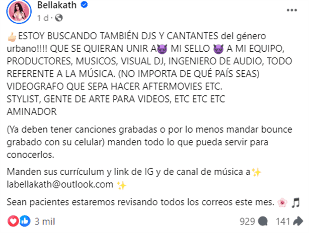 Cantante Bellakath lanza vacante estos son los requisitos especiales