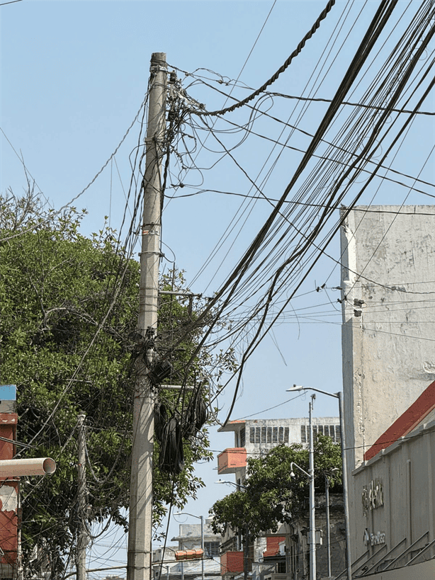 Vecinos exigen limpieza de postes de cables sueltos en las calles Madero y Serdán de Veracruz