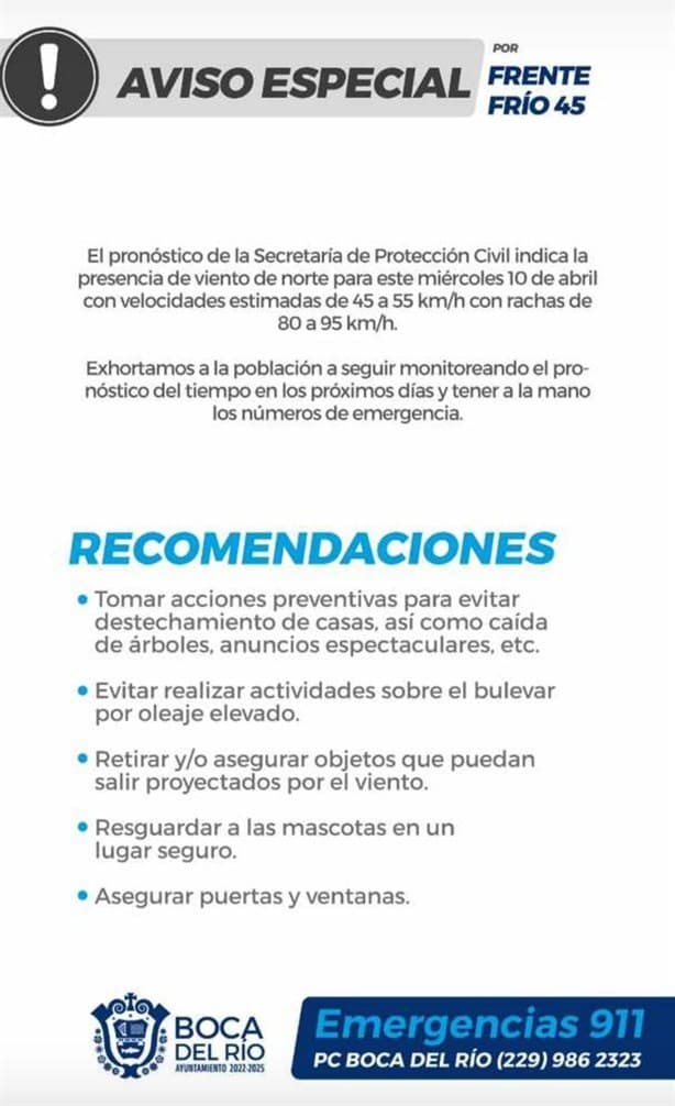 Boca del Río emite Aviso Especial por llegada de Frente Frío 45 este miércoles