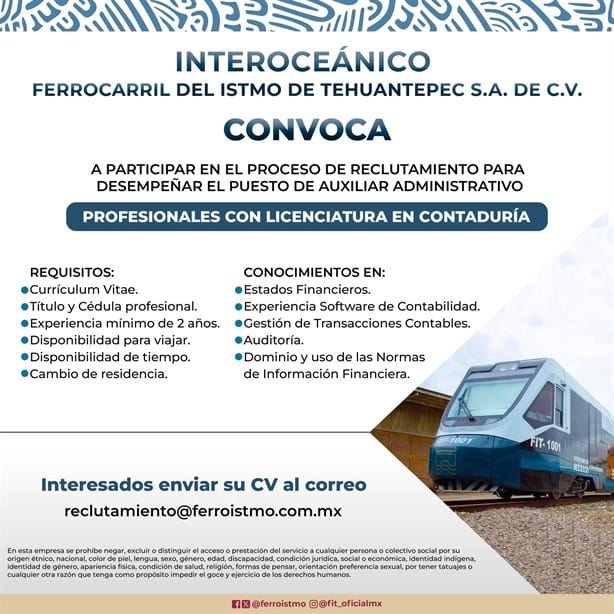 Tren Interoceánico busca personal administrativo; estos son los requisitos