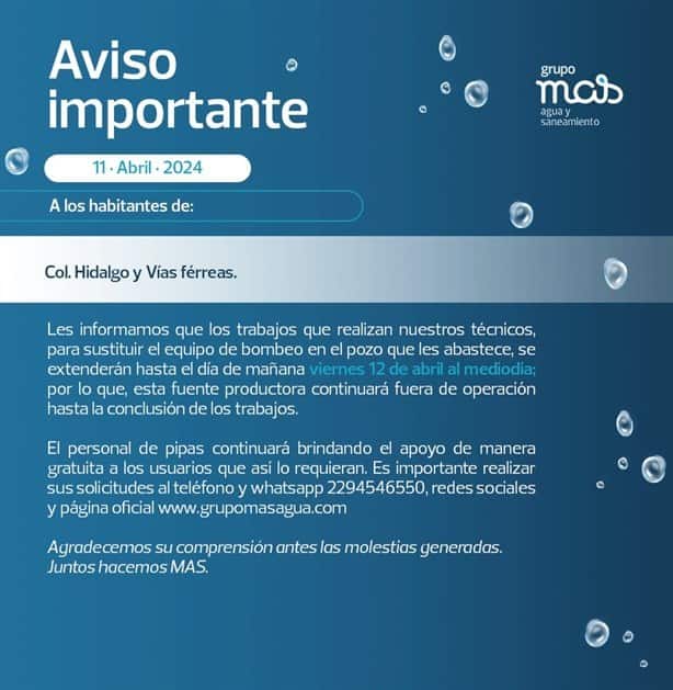 Estas colonias de Veracruz no tendrán agua potable este viernes 12 de abril